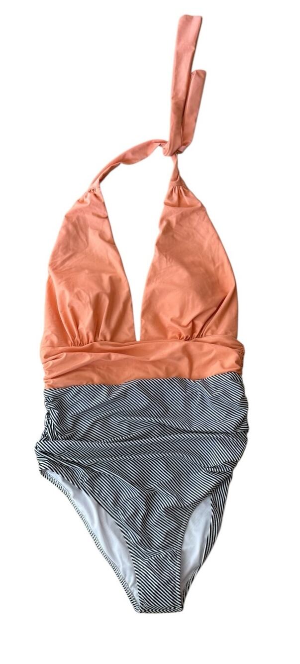 Cupshe One Piece Swimsuit Womens Large Peach Striped Halter V-Neck Ruched Retro